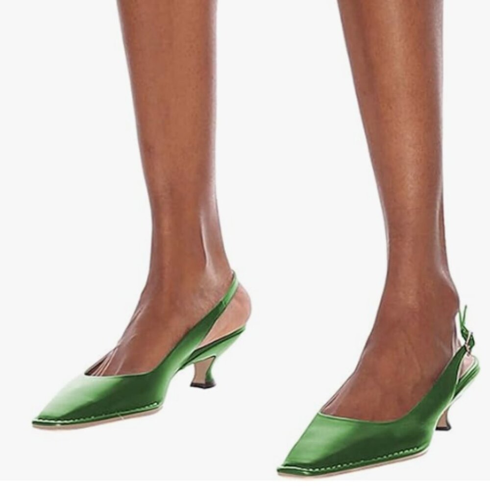 XYD Green Square Toe Kitten Pumps Low Heels Sandals Walking Slingback Shoes